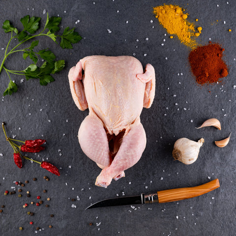 Frisches, ganzes Huhn bereit zum Kochen, direkt vom Bauern